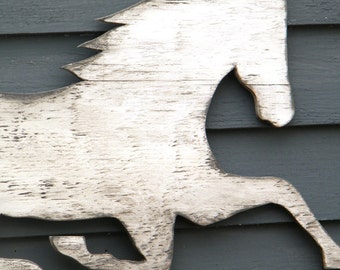 Horse Wooden Sign White Washed Distressed Large Size As Seen in JUNE 2015 Country Living Magazine