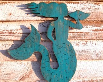 Mermaid Wooden Coastal Decor Sitting Mermaid Conch Shell Beach House Decor Coastal Living Decor