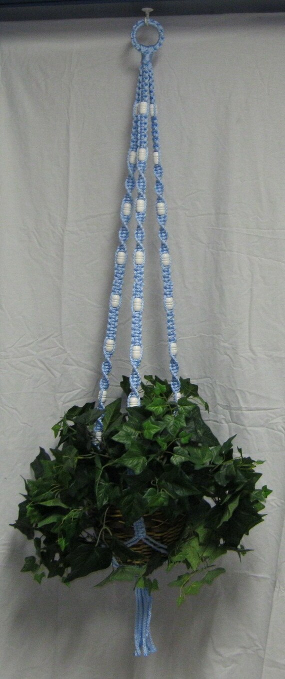 Light Blue 60 Inch White Beads  Macrame  Plant  Hanger 