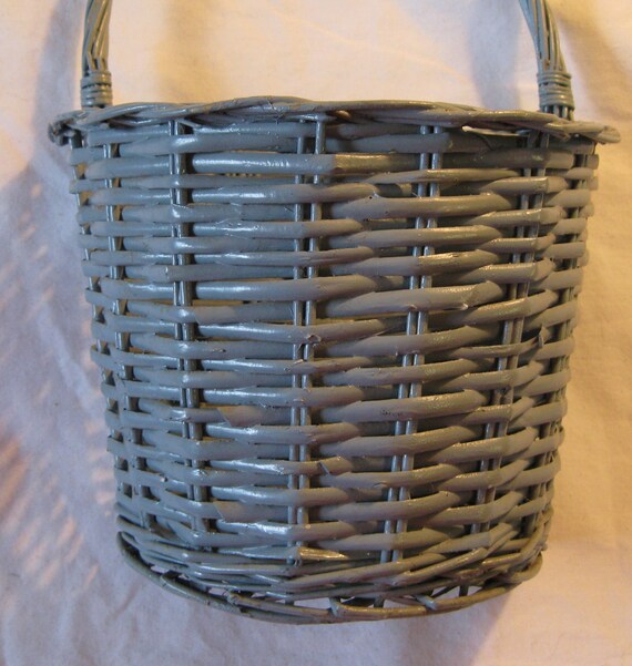 Vintage Blue Wicker Wall Basket With Handle