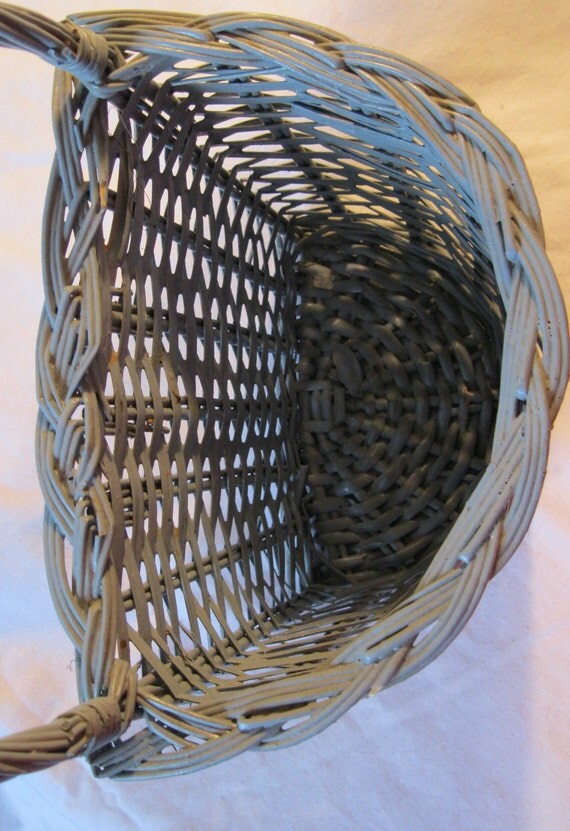 Vintage Blue Wicker Wall Basket With Handle