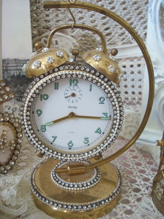 Exquisite Vintage Large Bradley Rhinestones Jeweled Clock