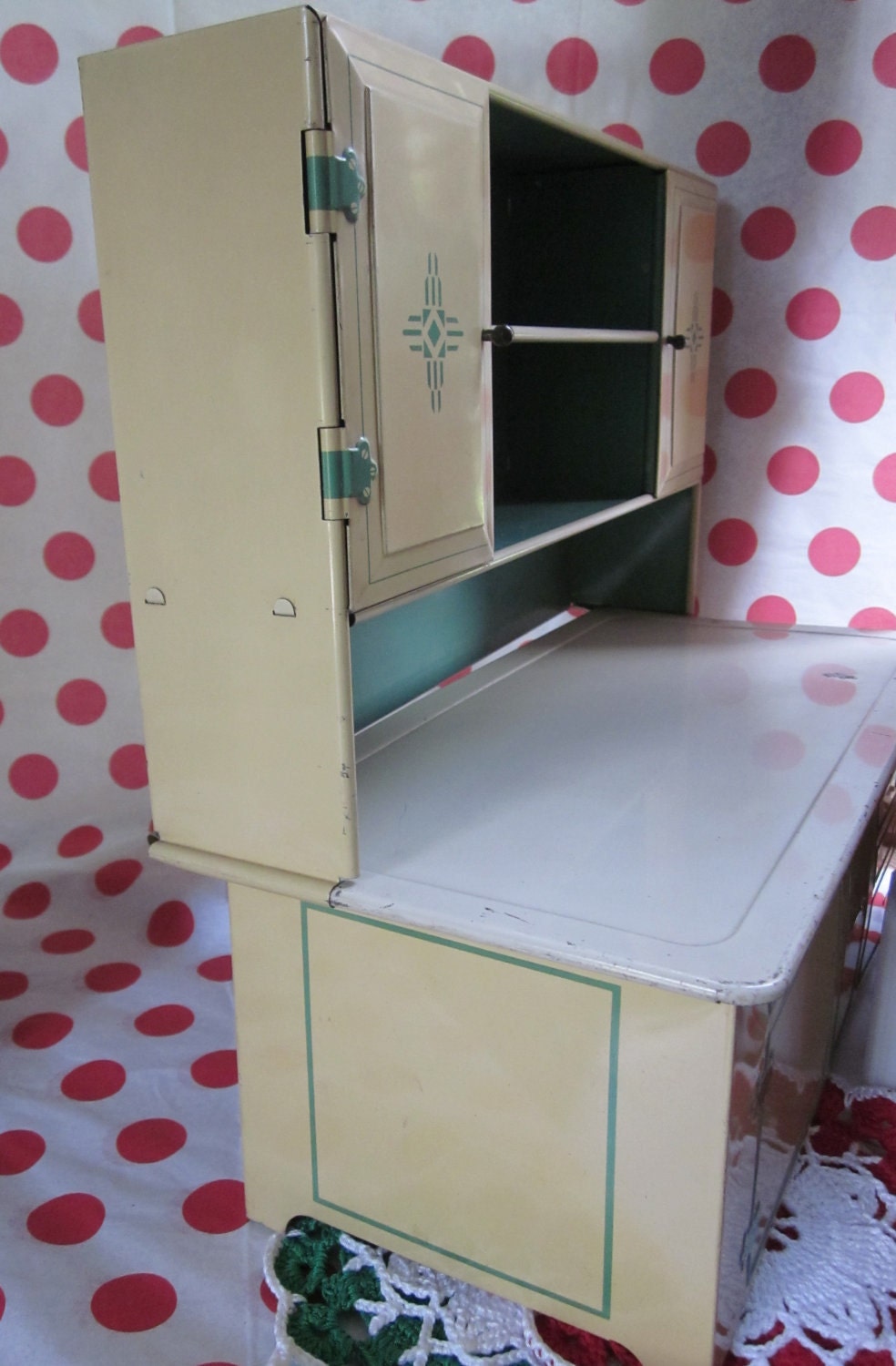 SALE Vintage Tin Toy Kitchen Cupboard Green Play Child