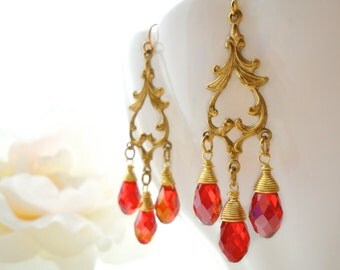 Chandelier Crystal Earrings Marie Antoinette Earrings Chandelier Bridal Earrings Gold Victorian Rococo Ruby Red Swarovski Crystal Chandelier