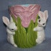 Handpainted ceramic Spring Vase with Pink Tulips and two Adorable Bunnies one on each side