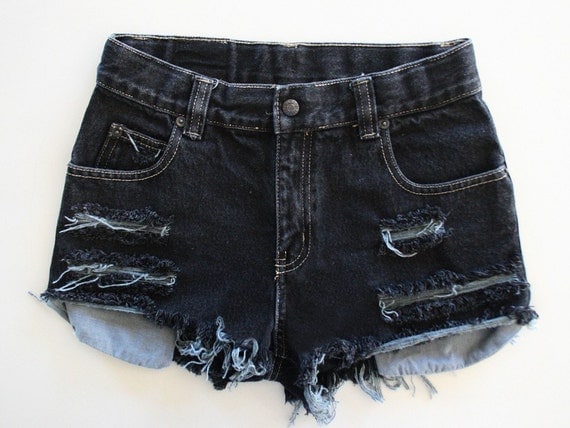 Vtg 80s Black HIGH WAISTED Cut Off FRAYED Denim Shorts