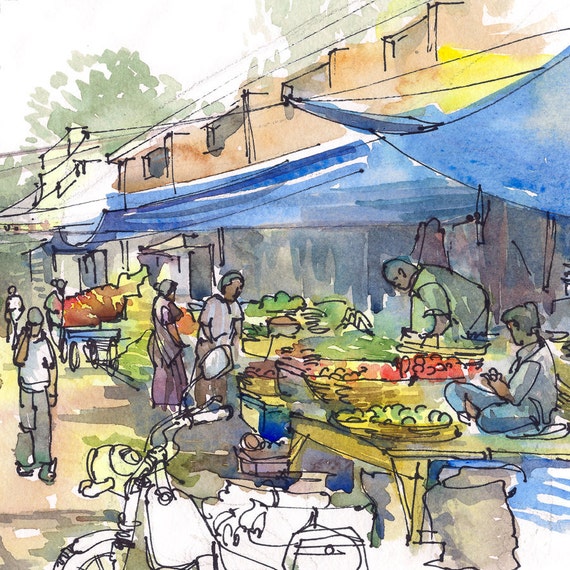 India Sketch Farmer's Market under the blue tarps fresh