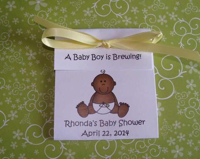 Baby in Neutral color outift African American Shower Sprinkle Tea Party Favors Tetley Tea 1st Birthday Favors