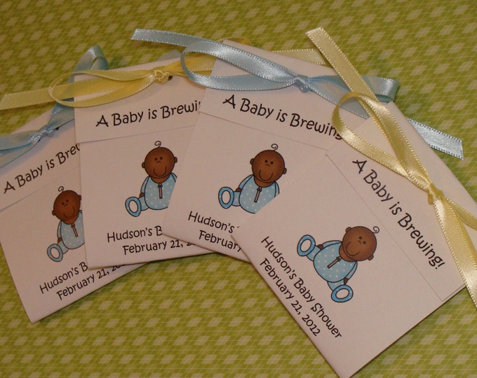 African American Baby Boy in Blue outift Shower Sprinkle Tea Party Favors Tetley Tea 1st Birthday Favors