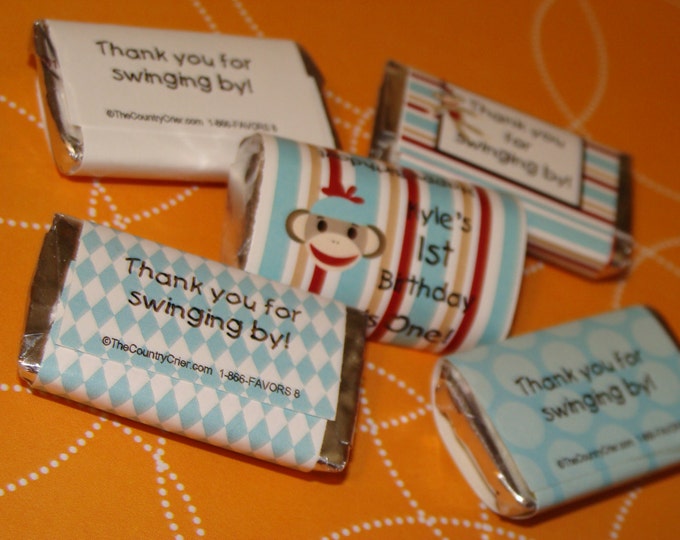 Sock Monkey Mini Candy Bar Wrappers for 1st 2nd 3rd 4th Birthday or Baby Shower Party Favors perfect for goody bags CIJ cheap goody bags