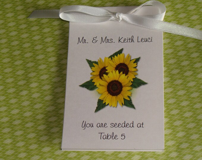 Sunflower Trio Flower Escort Place Cards Printed with Guest Names..You are Seeded at ....Wedding Seeds Party Favors SALE