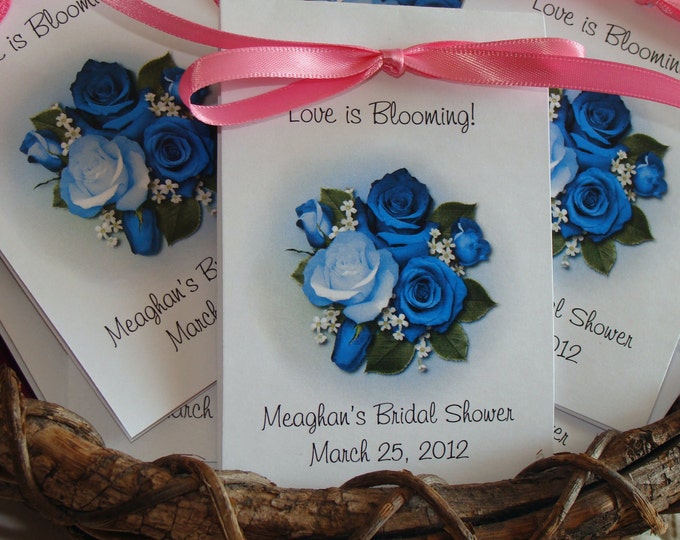 Blue Roses Bouquet Design w/ Wildflower Seed Packets for Bridal Shower Birthday Anniversary Wedding Flower Seeds Party Favors SALE