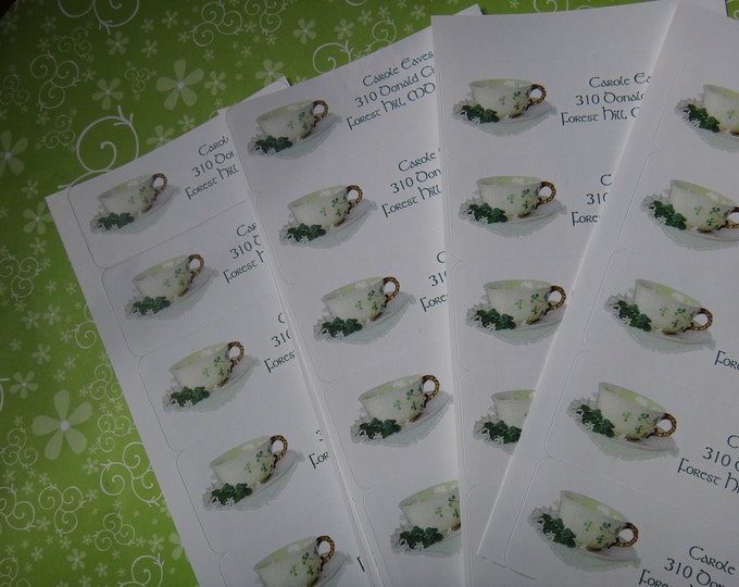 SALE Irish Shamrock Four Leaf Clover Teacups Personalized Address Labels Elegant and Classy Designs