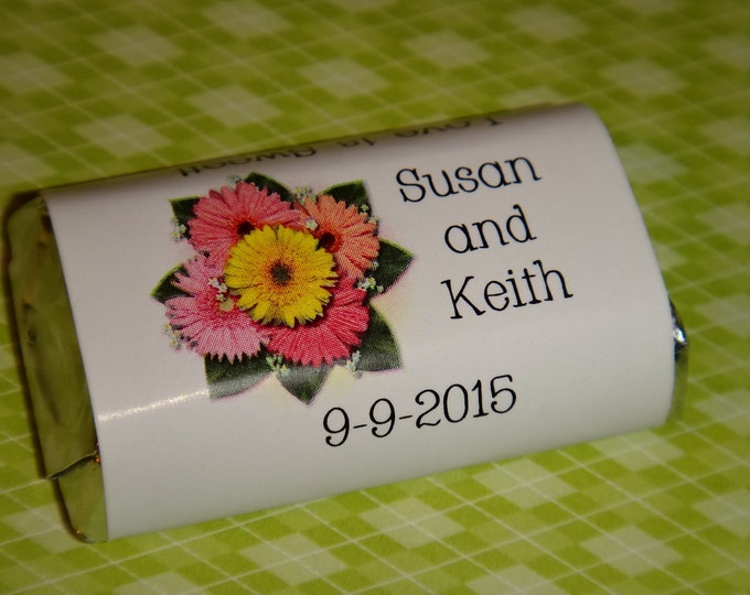 Gerber Daisy Mix Wedding Candy Bar Wrappers in Pink Purple or Blue Bridal Shower Rehearsal Dinner Favors Candy Wrappers