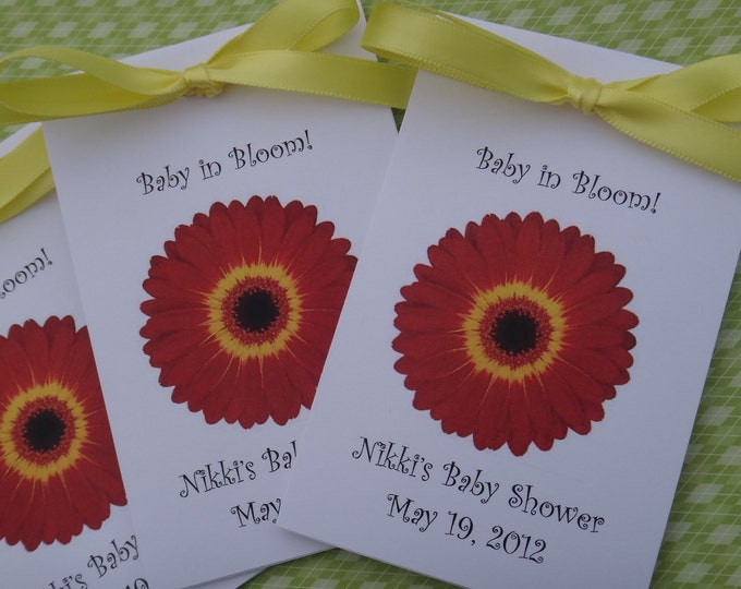 Red and Yellow Gerber Daisy design Baby Shower Favors Personalized with Wildflower Seeds for Baby or Bridal Shower SALE