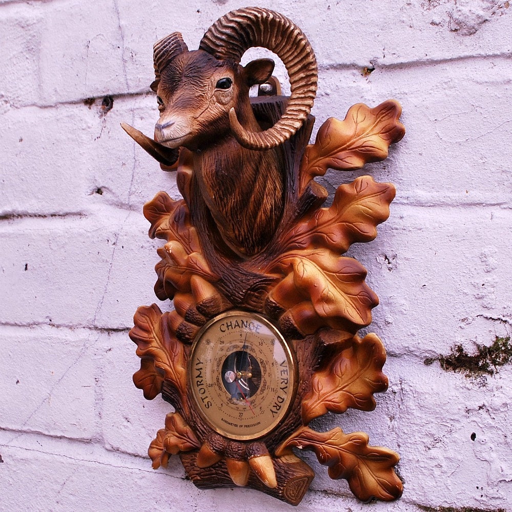 Kitsch Large Vintage Faux Bois Deer Head Barometer
