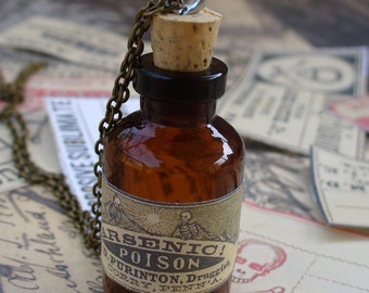 Steampunk Victorian goth Wicca witch wizard flask bottle pendant charm necklace POISON Victorian Alice in Wonderland--MINI shot bottle