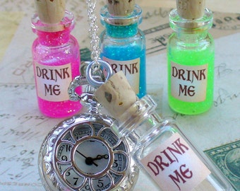 Alice in Wonderland Steampunk pocket WATCH necklace pendant charm locket DRINK ME -- never late for your T E A