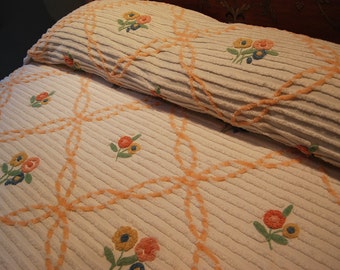Floral Vintage Chenille Bedspread - Stunning Window Panes Filled With Flowers - REDUCED