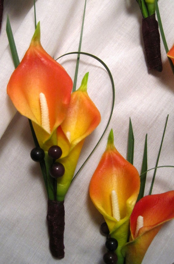 Items similar to 8 Orange Real Touch Miniature Calla Lily Boutonnieres ...