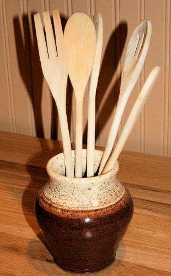 Pottery vase utensil holder in red and white by earthyharvest