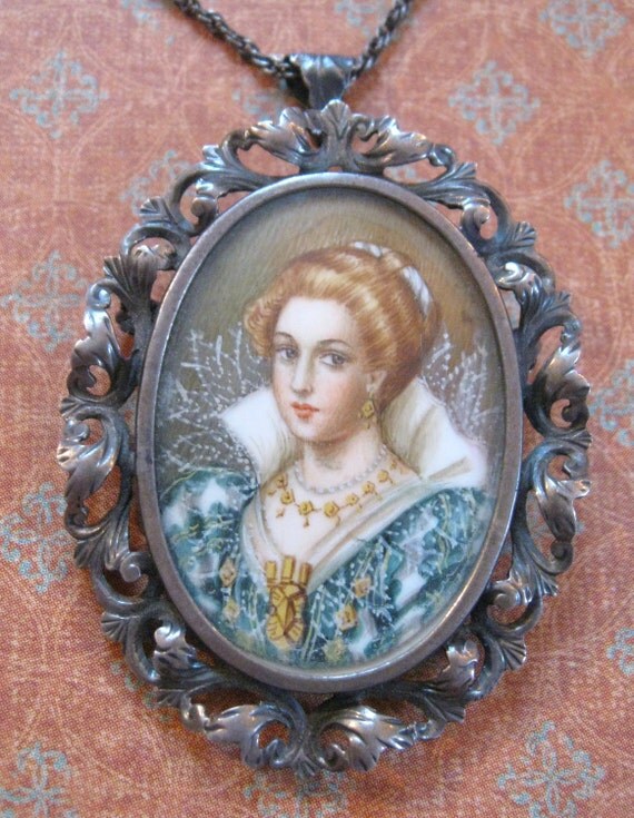 Antique Victorian Lady Brooch Hand Painted Miniature in 800