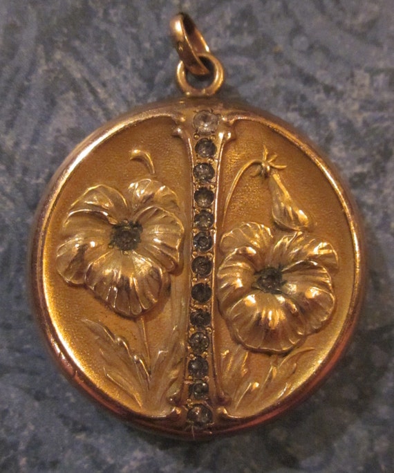 Antique Art Nouveau Locket Gold Filled Flowers And Rhinestones