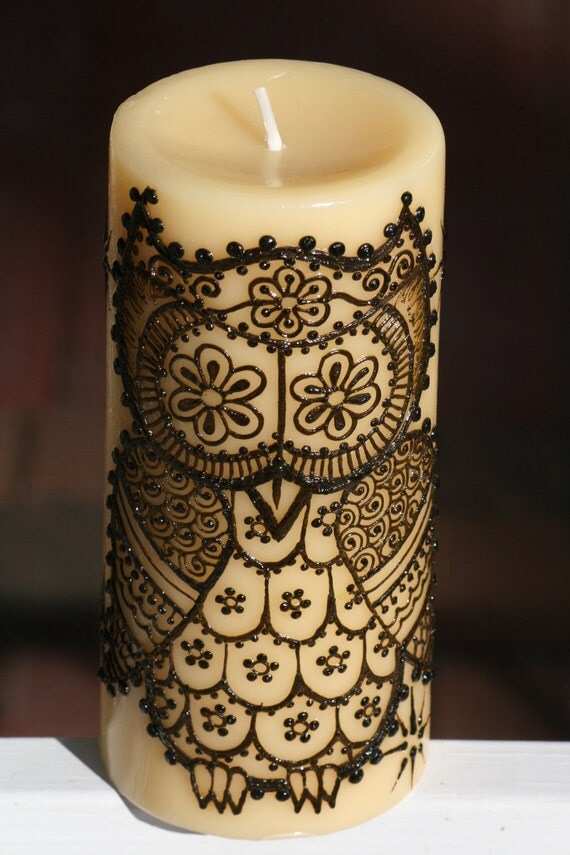 Henna Candle with a cute Henna Owl and Stars yellow pillar
