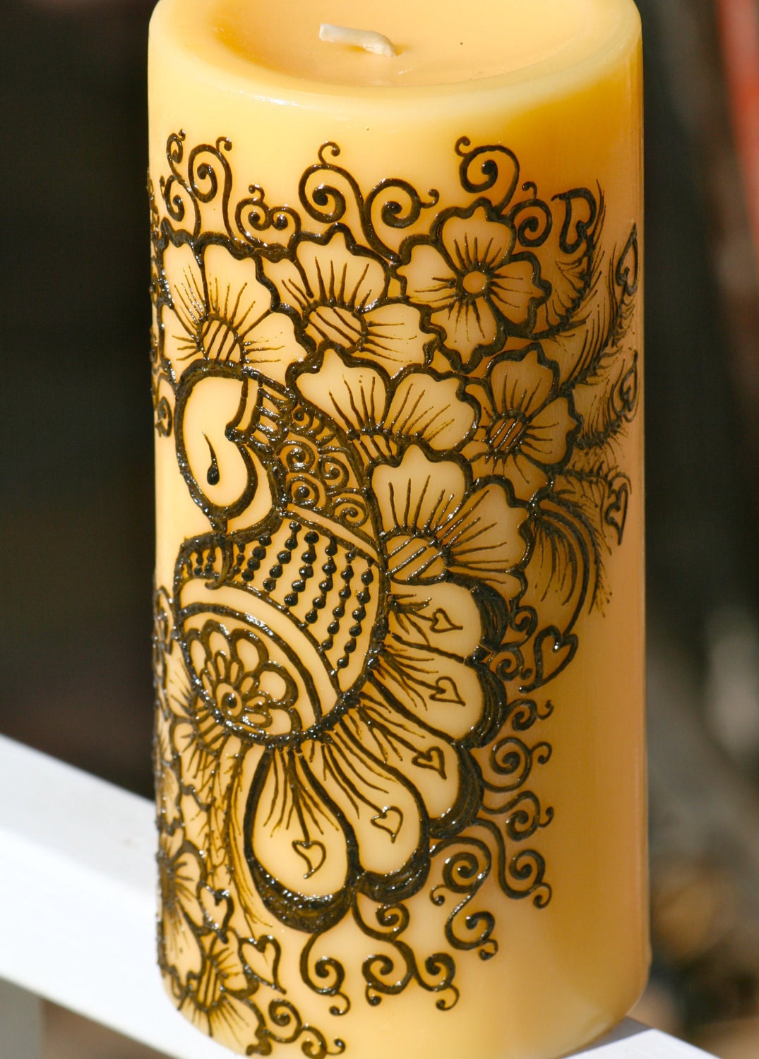 Henna Peacock Candle Yellow Pillar Candle Intricate Henna 7771