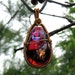 Wire Wrapped Bronze Dichroic Pendant and Earring Set, Blood Crystal, Blue, Copper, Violet with Woven Gun Metal Chain Necklace