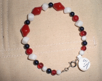 Ooak Repurposed Recycled Upcycled Red White and Blue Vintage Glass Bead Bracelet Americana Patriotic