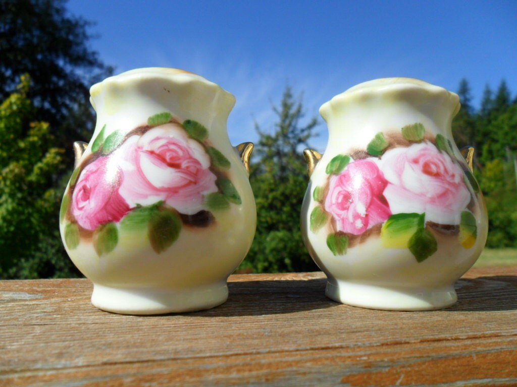 Vintage Salt and Pepper Shakers Hand Painted Roses by KathiJanes