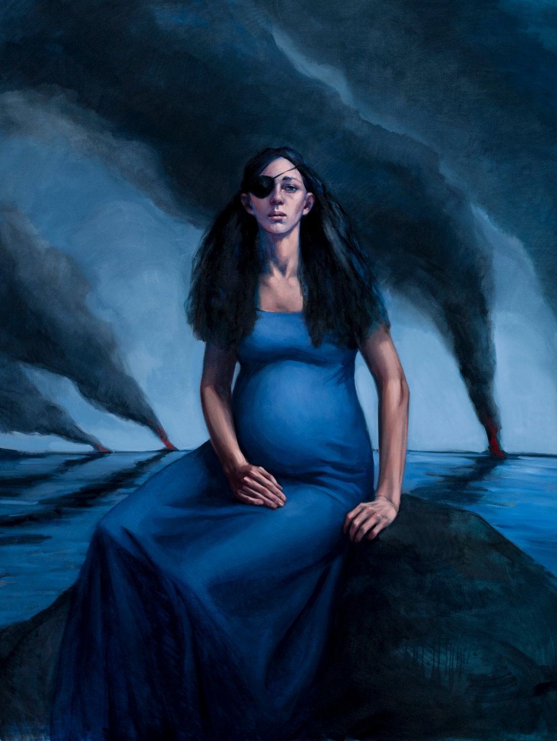 Oil painting portrait pregnant woman blue water The