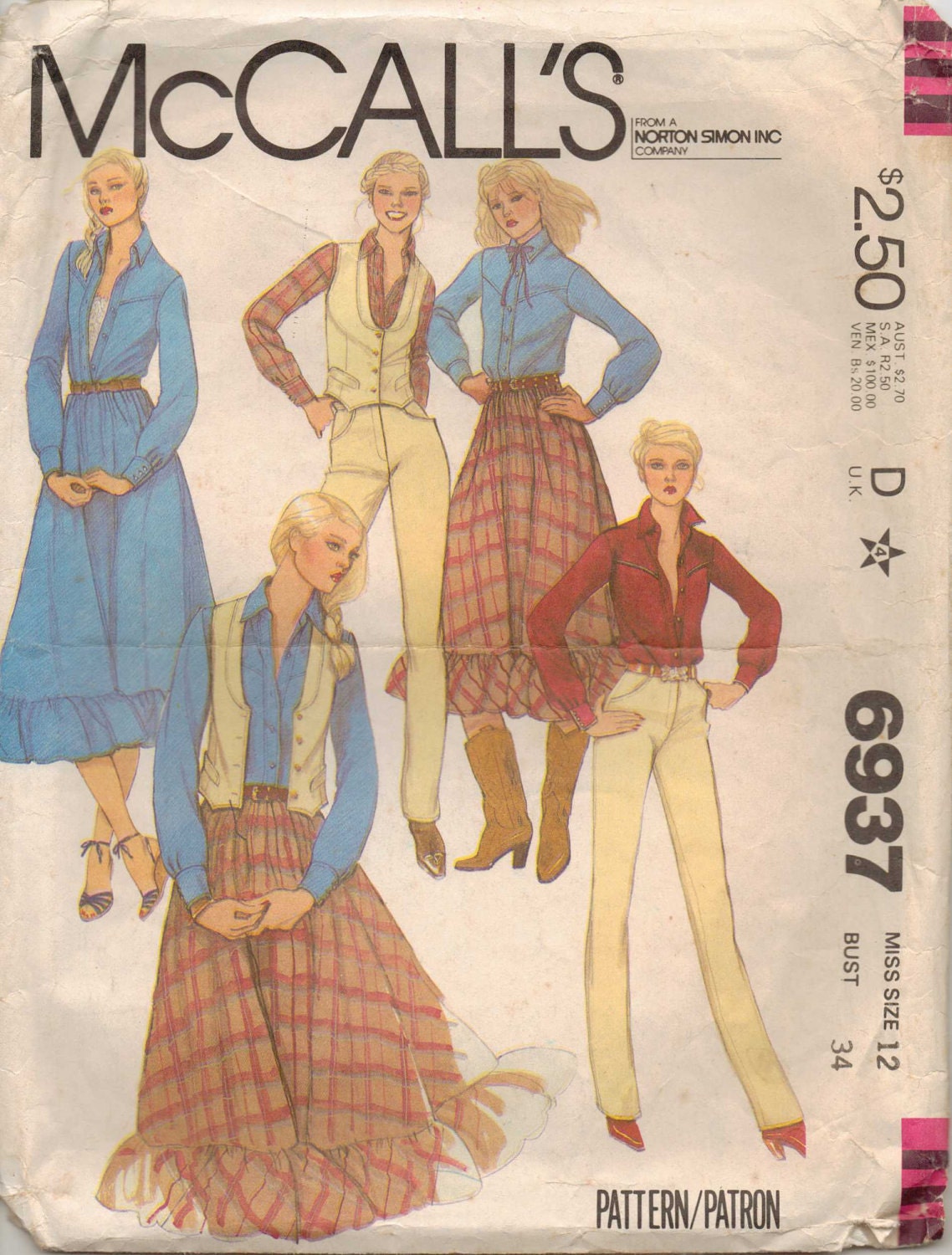 80s Mccalls Pattern 6937 Womens Western Vest Shirt Skirt And