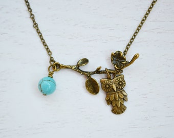 Owl Necklace, Owl Jewelry Necklace,Owl Charm Necklace, Turquoise Necklace. Antique Brass Necklace, Flower Blossom, Bridesmaid Gift, Friend