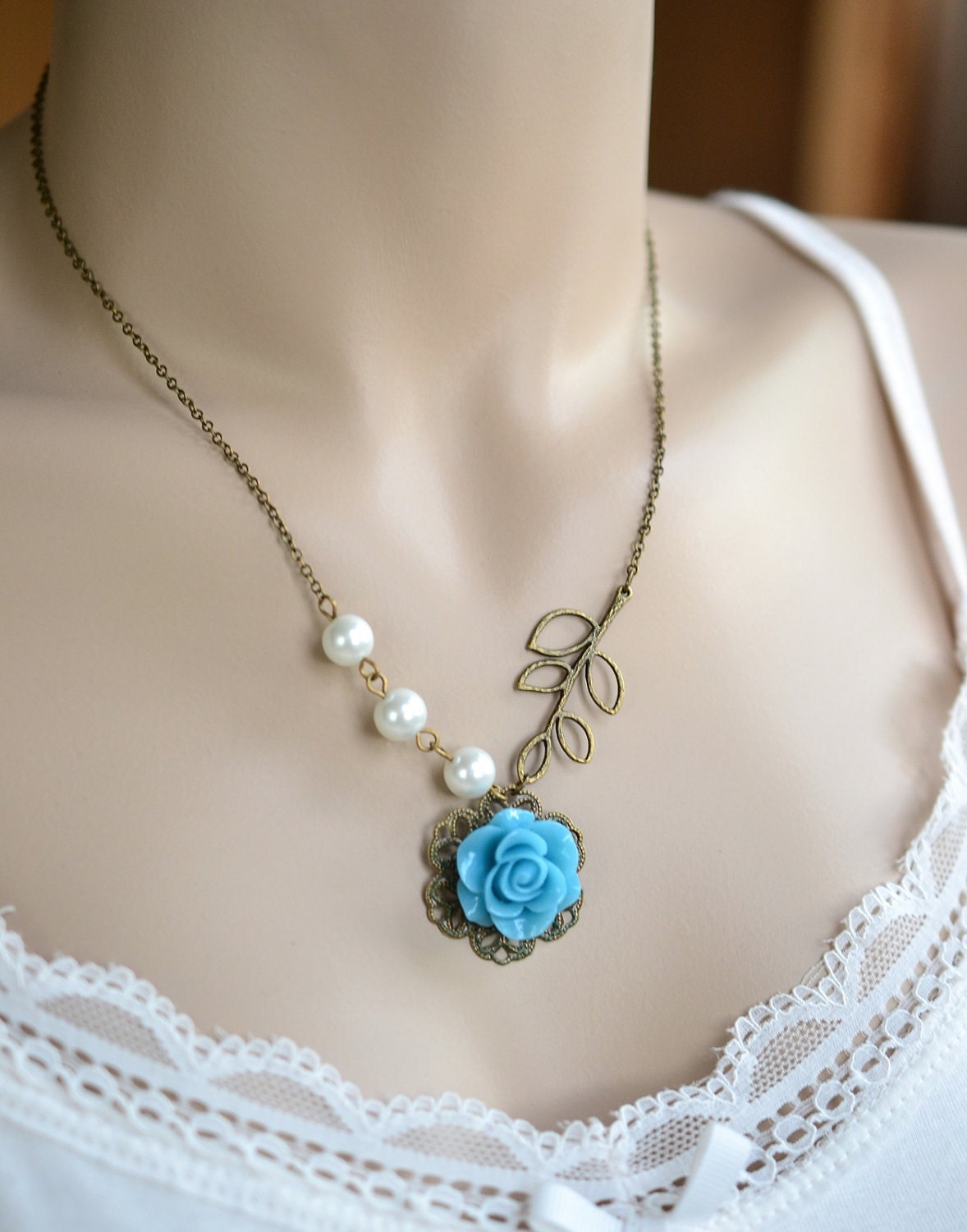 Blue Rose Flower Leaf Necklace Flower Cabochon Jewelry
