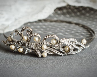 TEGAN, Vintage Inspired Wedding Headband, Art Deco Bridal Headband, Pearl and Crystal Wedding Hair Accessories, Bridal Hair Accessories
