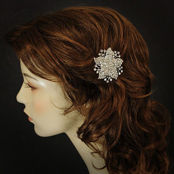 JULIENNE Dramatic Art Deco Rhinestone Flower Bridal Hair Clip