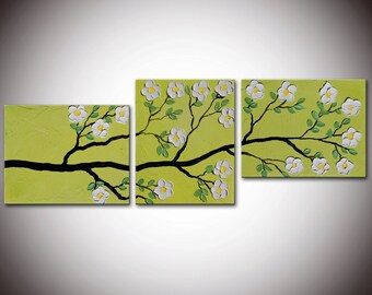 Tree Blossom, Abstract Original Modern Painting, Textured Impasto Flower Tree Painting, flowers painting, white flowers on green