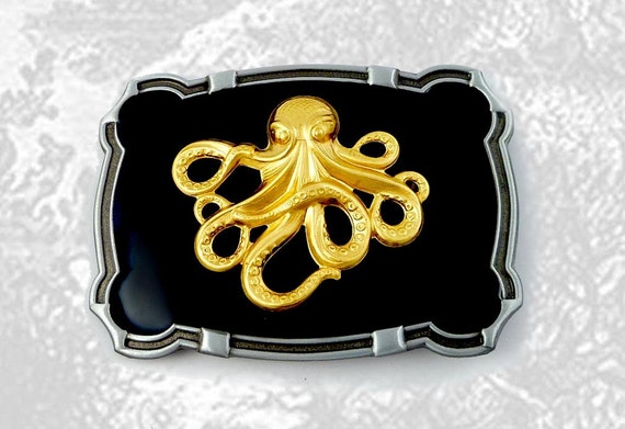 Steampunk Large Belt Buckle Octopus Neo Victorian Fantasy Inspired Metal Ornate Buckle in Black Enamel Custom Colors Available by EdwardianRenaissance steampunk buy now online