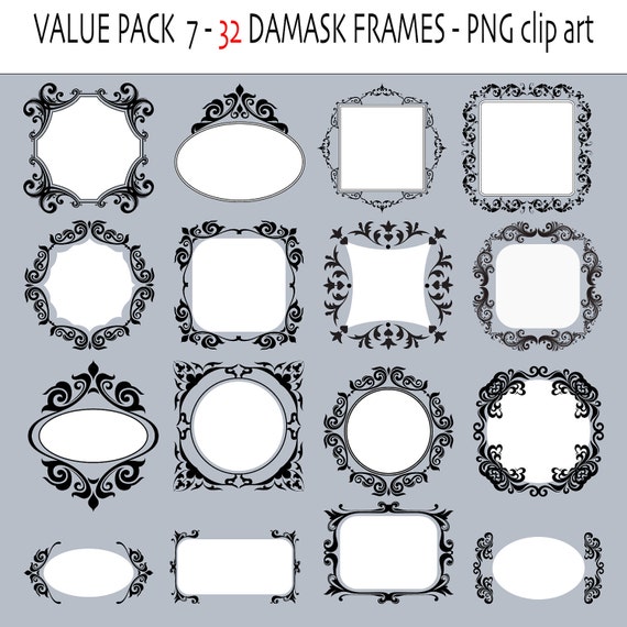 32 damask clipart  frames or labels - Digital frames - Clip art labels - 32 PNG files - INSTANT DOWNLOAD Pack 214