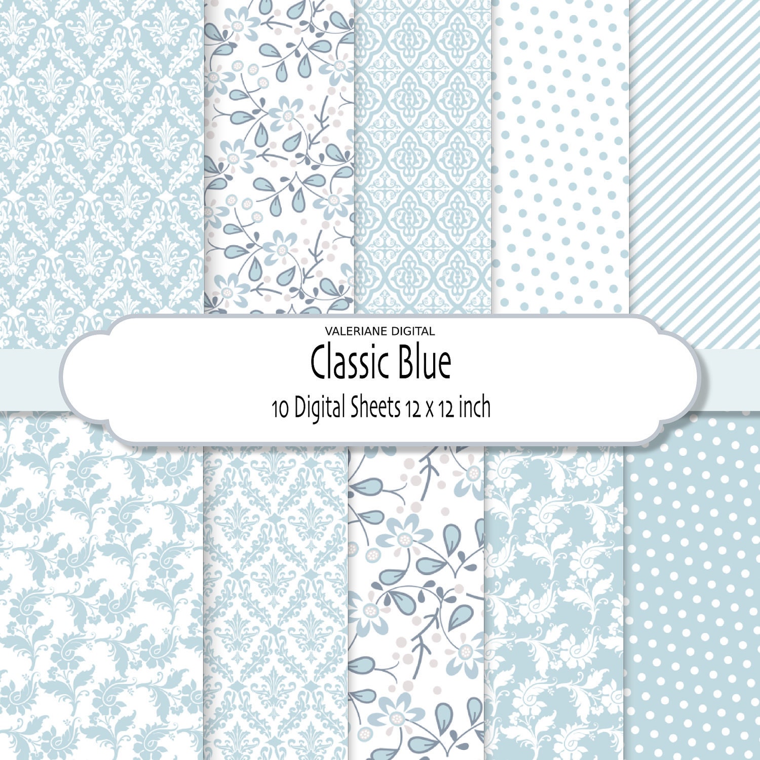 Blue Damask digital paper digital scrapbook paper floral