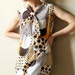 60s Mod Polka Dot Dress, vintage Mad Men office fashion shift, ascot tie scarf, psychedelic graphic print, mustard yellow, dark brown, white