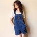 Short Shorts Denim Overalls - vintage 60s worn in Dee Cee blue jean dungaree jumpsuit, rolled cuff shorts, Spring Summer Americana work wear