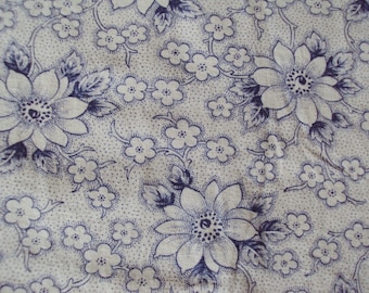 Vintage French Fabric Blue Clematis White Flowers Suitable for Patchwork Quilting Lavender Bags Dolls Clothes Feedsack Pillow