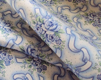 One Yard Vintage French Cotton Fabric Blue Roses Rosebuds Ribbons Unused Patchwork Quilting Lavender Bags Pillows Feedsack