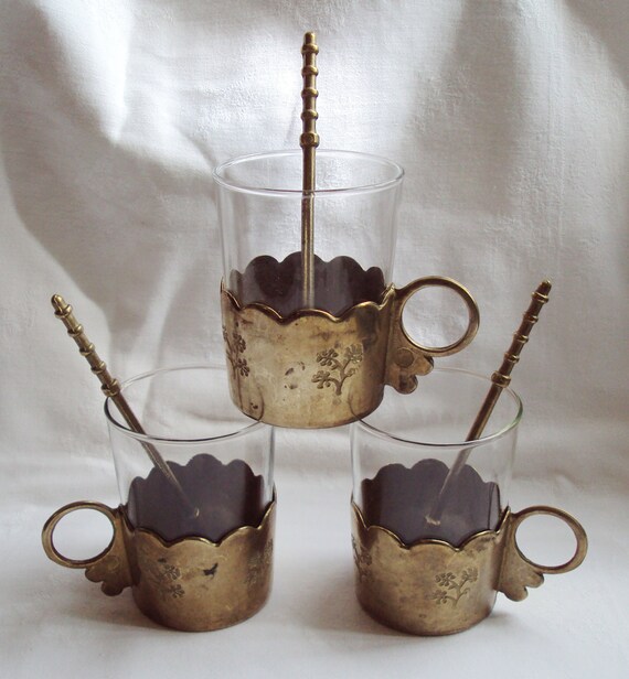 3 Vintage Tea Glasses with Brass Holders and Brass Spoons Art