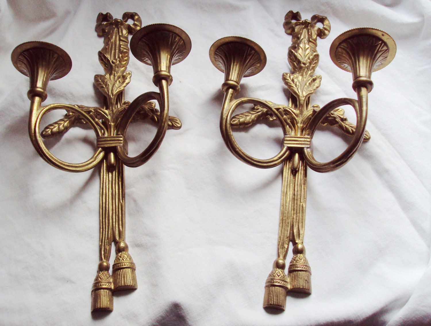 2 Antique French Brass Wall Candle Sconces Art Nouveau Style