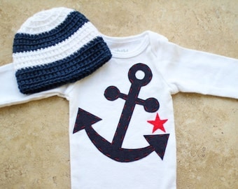 Nautical Gift Set - Anchor Onesie with Star & Matching Hat - Made to Order