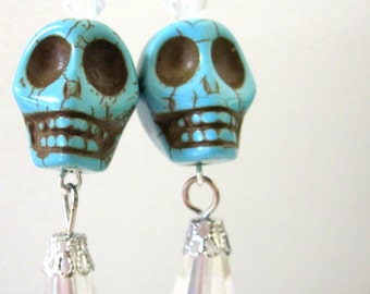 Day of the Dead Earrings Sugar Skull Jewelry Crystal Turquoise Blue